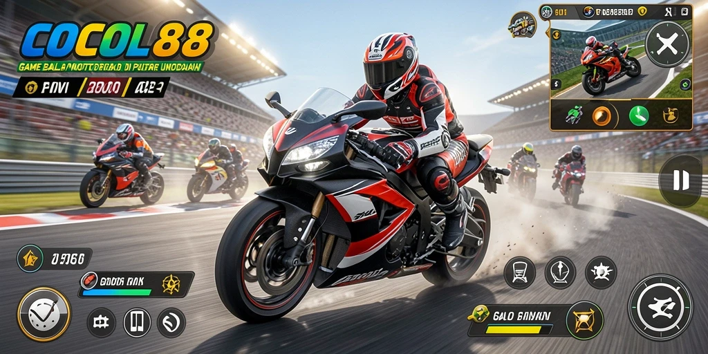 Screenshot gameplay COCOL88 menampilkan aksi balap motor yang intens.