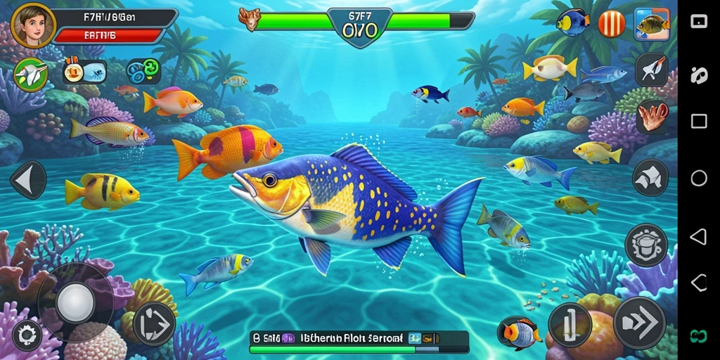 Screenshot utama F7F7 menampilkan aksi menembak ikan yang seru.