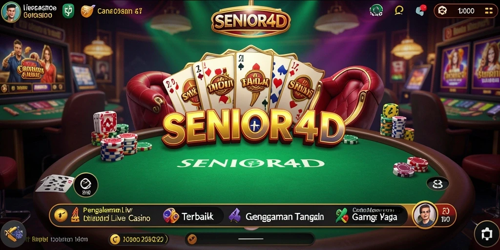 Tampilan screenshot SENIOR4D yang menampilkan dealer dan pemain di meja kasino.